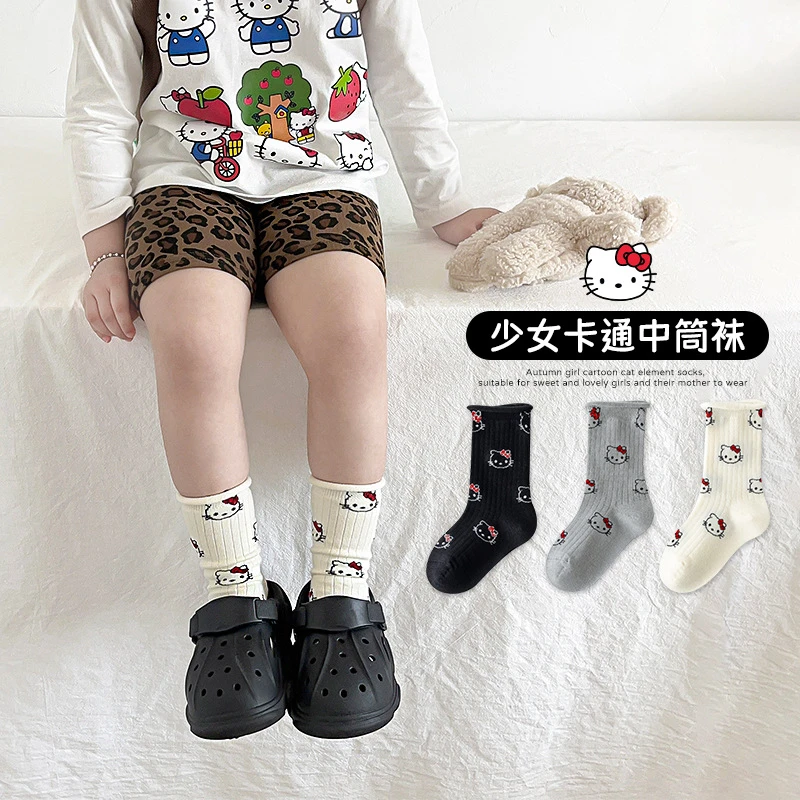 女童袜子秋冬新款可爱卡通KT猫中筒袜成人亲子袜春秋女孩精梳棉袜