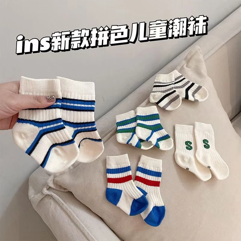 新款春秋韩版男女儿童中筒袜字母条纹ins潮袜婴幼儿无骨棉袜短袜