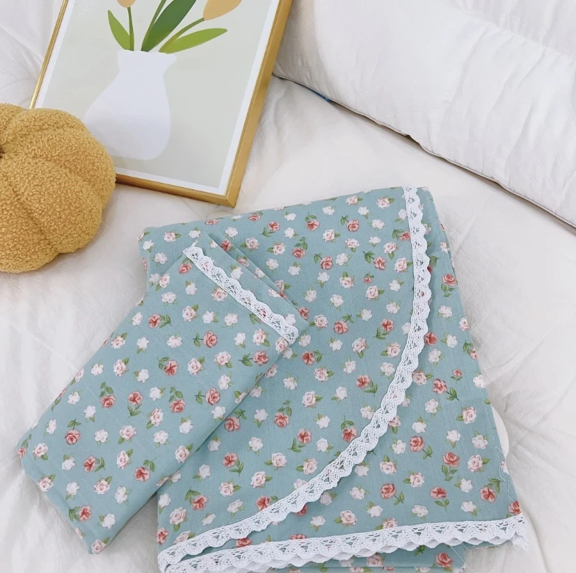 2米7 蓝底小玫瑰三件套老粗布细纱圆角花边防滑三件套加厚 y