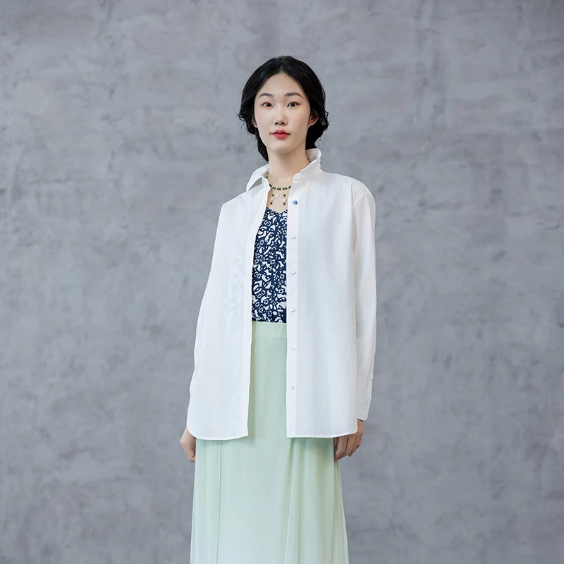 生活在左纯棉衬衣多色拼蓝印花布简约百搭宽松2025春衬衫1951059.