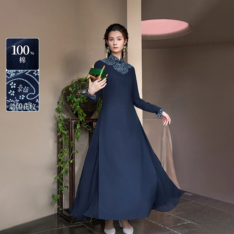 生活在左纯棉连衣裙复古蓝印花纹2024秋季新品长裙1943127