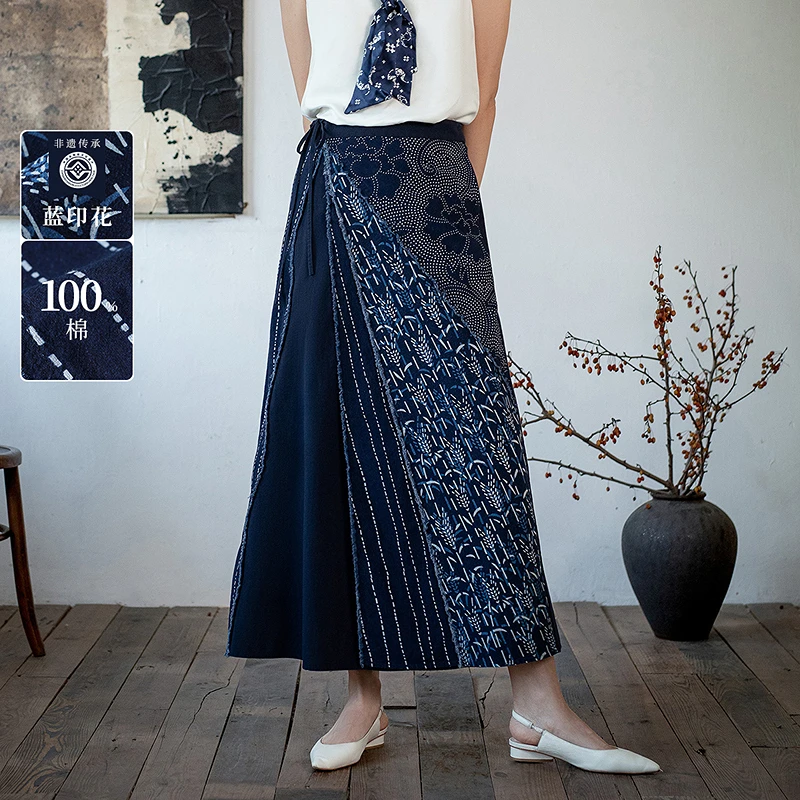【水田蓝印】生活在左纯棉半身裙蓝印花布水田复古宽松显瘦1951013.