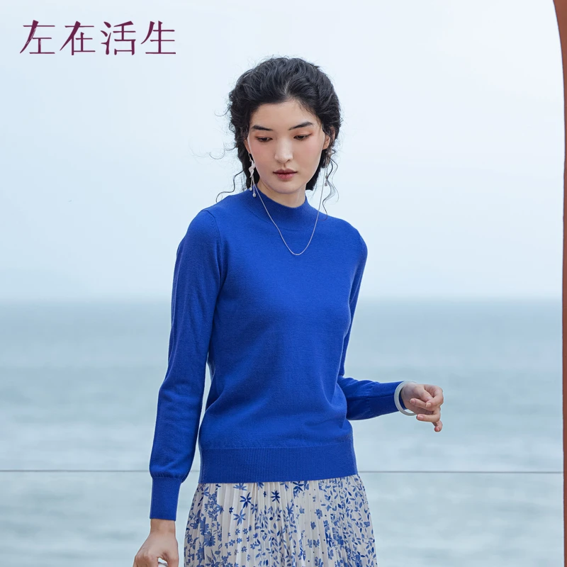 生活在左2023秋冬新品100%绵羊毛保暖多色圆领毛衣1933003长袖
