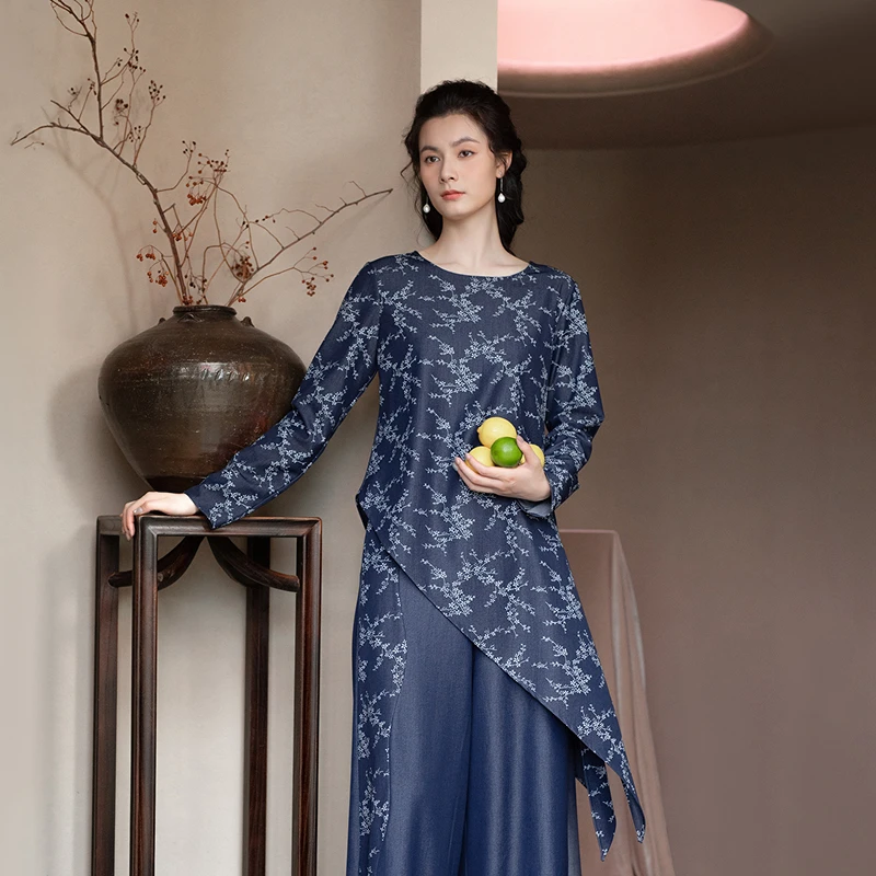 生活在左2024秋季新品复古印花气质不规则衬衣女1943249斜角款新.