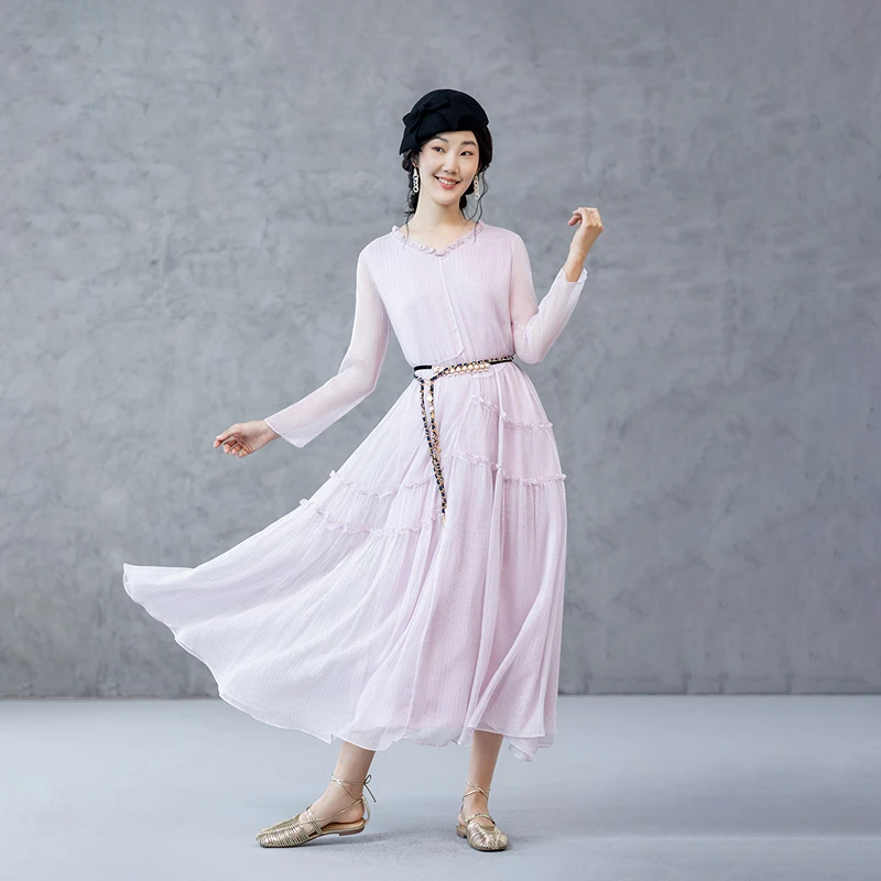 生活在左桑蚕丝混纺连衣裙拼不规则花边2025春花仙子长裙1951086.