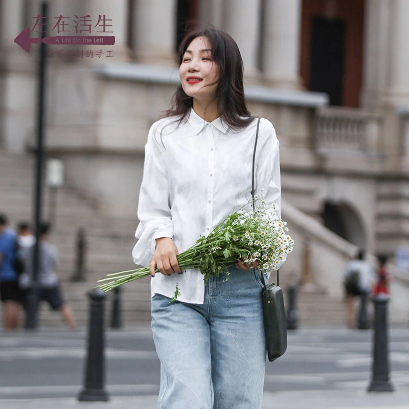 生活在左主米白色复古百搭长袖上衣女设计感衬衫1923281气质衬衣