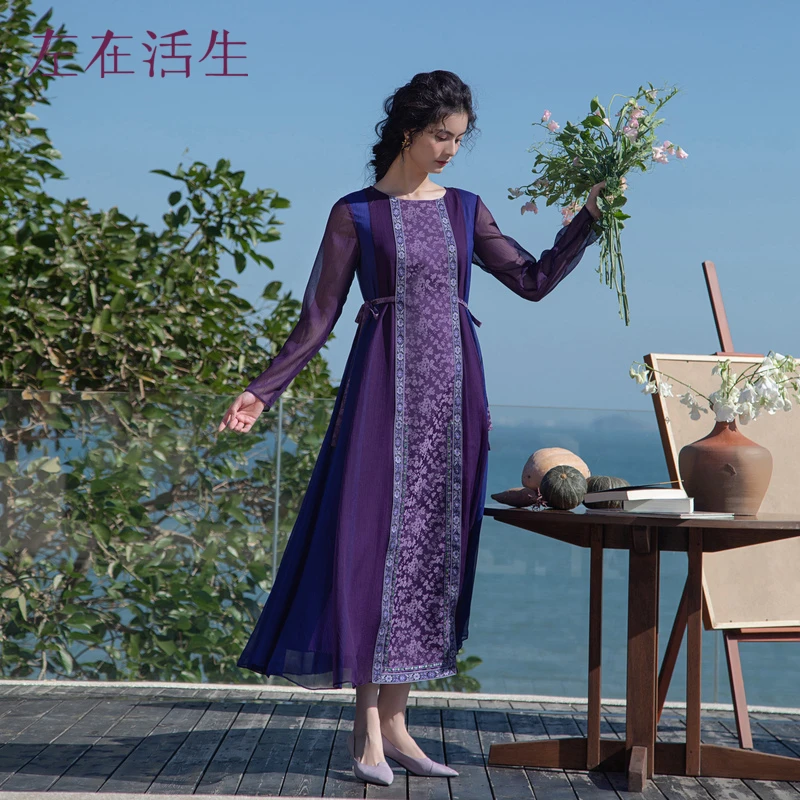 生活在左2024春夏新品印花传统复古飞片拼接连衣裙女1941298