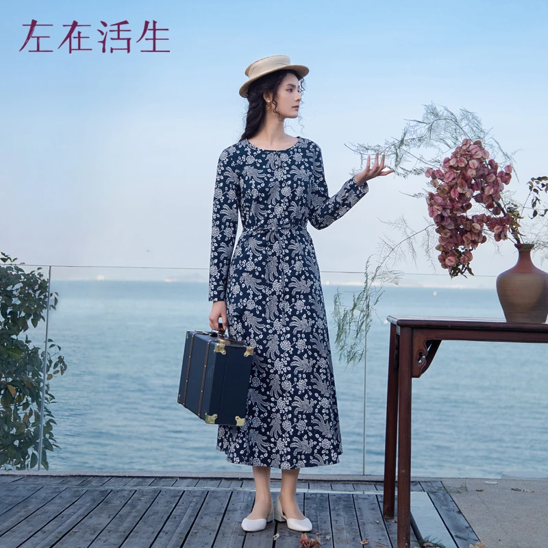 生活在左2024春夏新品100%棉印花配腰带气质连衣裙女1941299