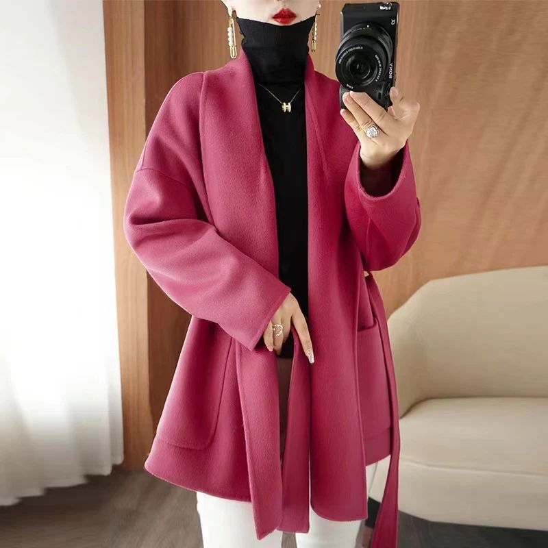 新款秋冬双面羊毛大衣中长款赫本风淑女时尚双面呢气质纯色洋气