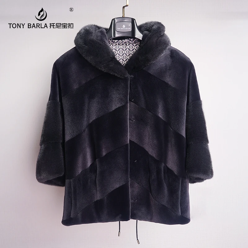 冬季走秀新款水貂貂绒气质百搭休闲气质连帽斗篷款外套皮草女009