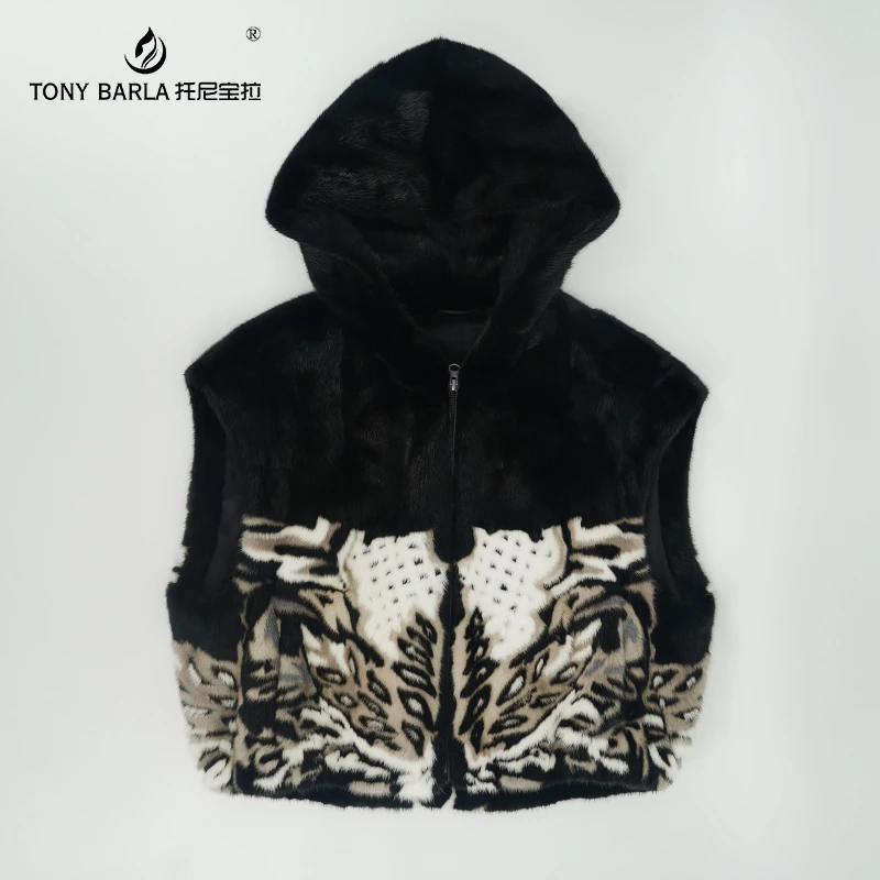 冬季设计师新款水貂拼花休闲气质连帽拉链款马甲皮草女背心006