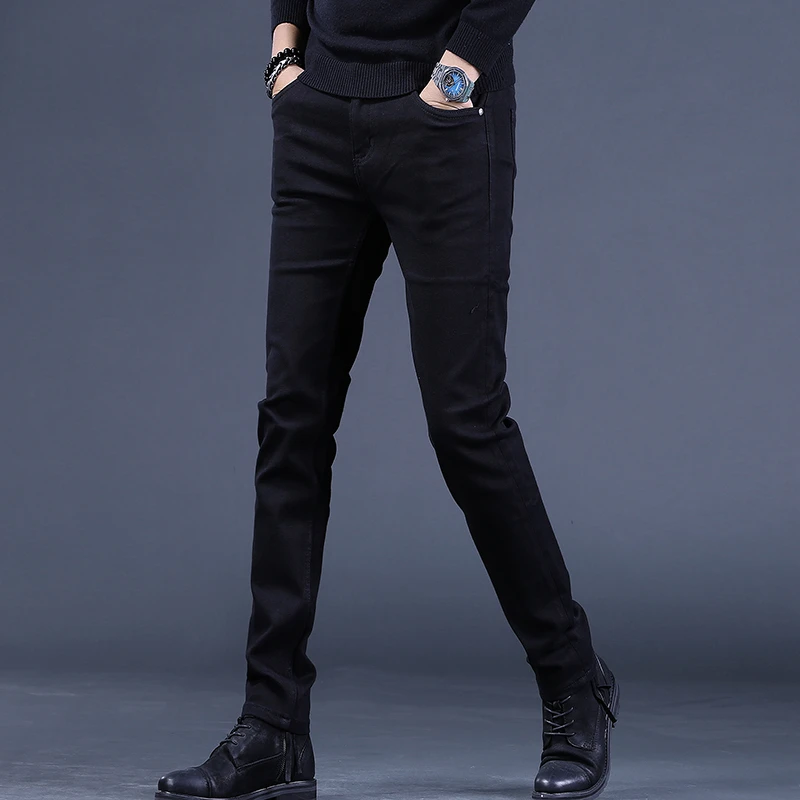 2023秋季新款高端黑色牛仔裤男潮流修身烟管裤弹力休闲男士裤子潮