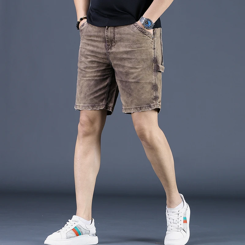 夏季新款男士短裤复古怀旧咖啡色拼接直筒休闲工装裤中裤五分裤潮