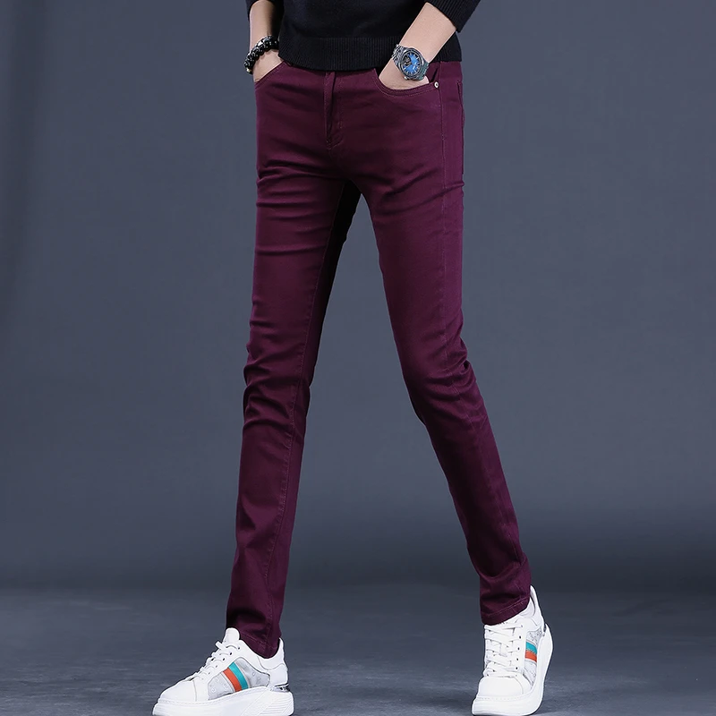 2025秋季时尚百搭男士酒红色牛仔裤男款修身小脚裤子弹力休闲紧身