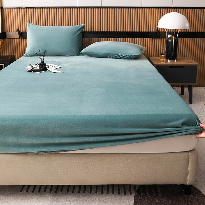 冬季加厚水晶绒纯色床笠床单防尘罩床防滑牛奶绒床垫保护套全包围