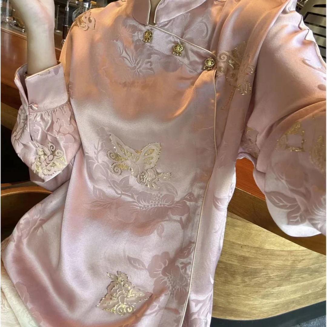 织金蝴蝶粉色立领打底气质长袖衬衣2024B1109—七月