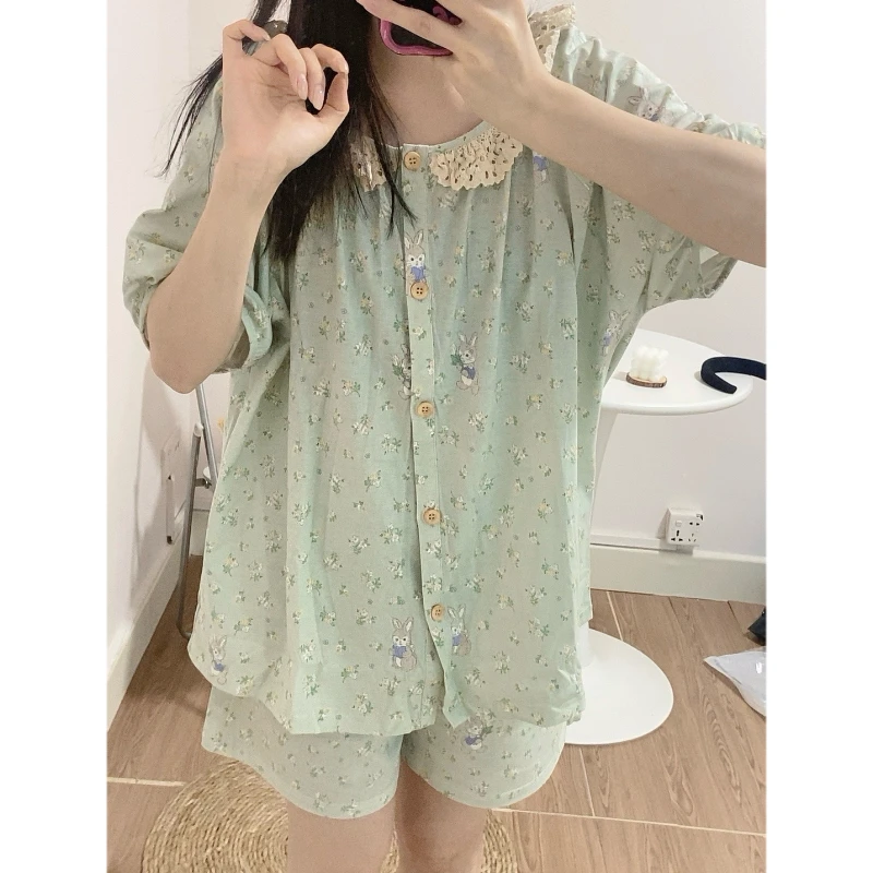 小羊家纯棉【花花小兔套装】轻薄夏季短袖吸汗透气宽松睡衣女家居服