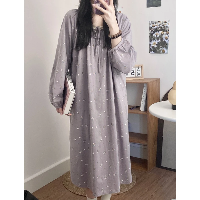 小羊家纯棉【紫色碎花睡裙】春秋舒适宽松显瘦过膝大码女生甜美外穿