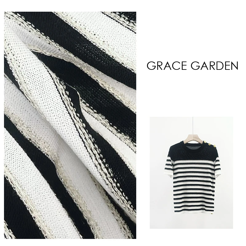 GRACE GARDEN【柜线！是尔曼！】肩扣条纹短袖针织衫ZZS3C1552