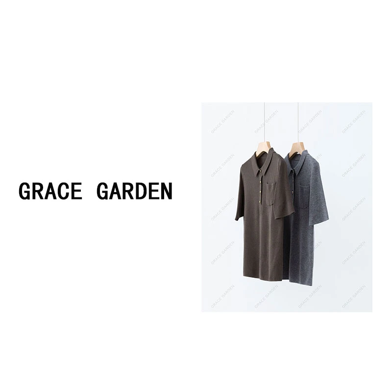 GRACE GARDEN【杨树林！白百何款！】翻领单口袋短袖针织衫ZZS4C0561