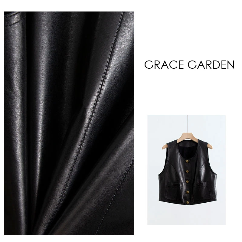 GRACE GARDEN【老钱马甲！】复古圆领无袖单排扣皮衣PY3F0803