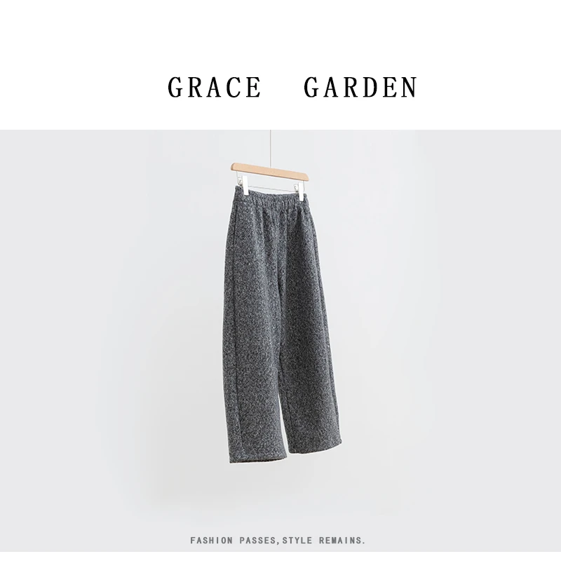 GRACE GARDEN【黑白雪花！】加绒复古雪花毛呢休闲裤XXK4K0904