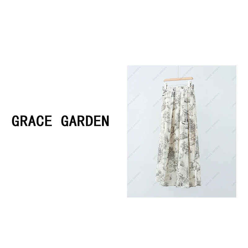 GRACE GARDEN【水墨裙！】国风山水印花后松紧腰半身裙YQ4C1463