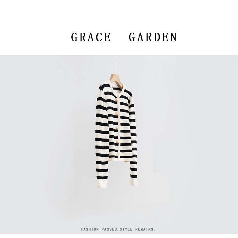 GRACE GARDEN【MD小金扣！550g】小香风金扣条纹针织开衫ZZS4I1810