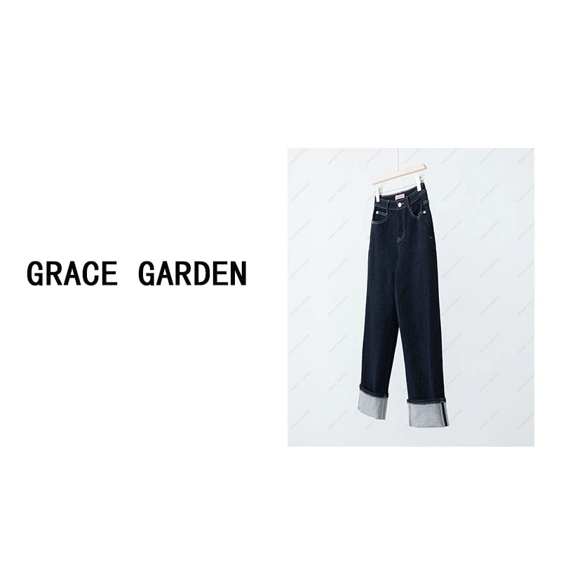 GRACE GARDEN【54！】粉标牛仔！高腰百搭翻边直筒牛仔裤NZK4C0502