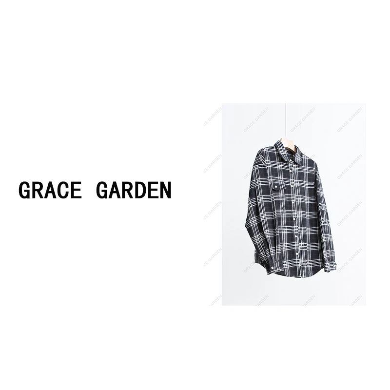 GRACE GARDEN【经典再现！自制！】黑白格纹翻领长袖衬衫NCY4A0102
