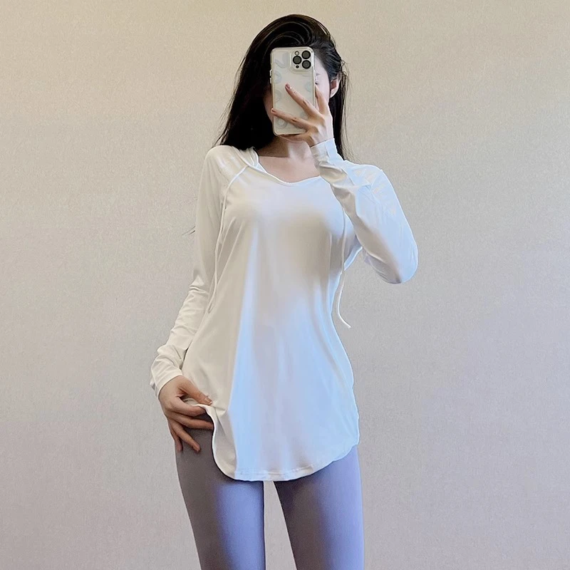 运动瑜伽服上衣女春秋新款宽松遮胯显瘦连帽长袖跑步速干健身T恤