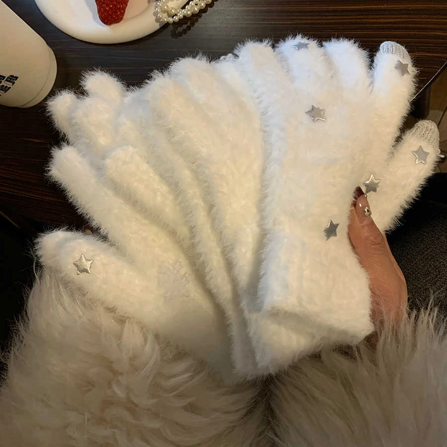 星星水貂毛冬季保暖手套女加绒加厚舒适防冻学生户外骑行分指手套