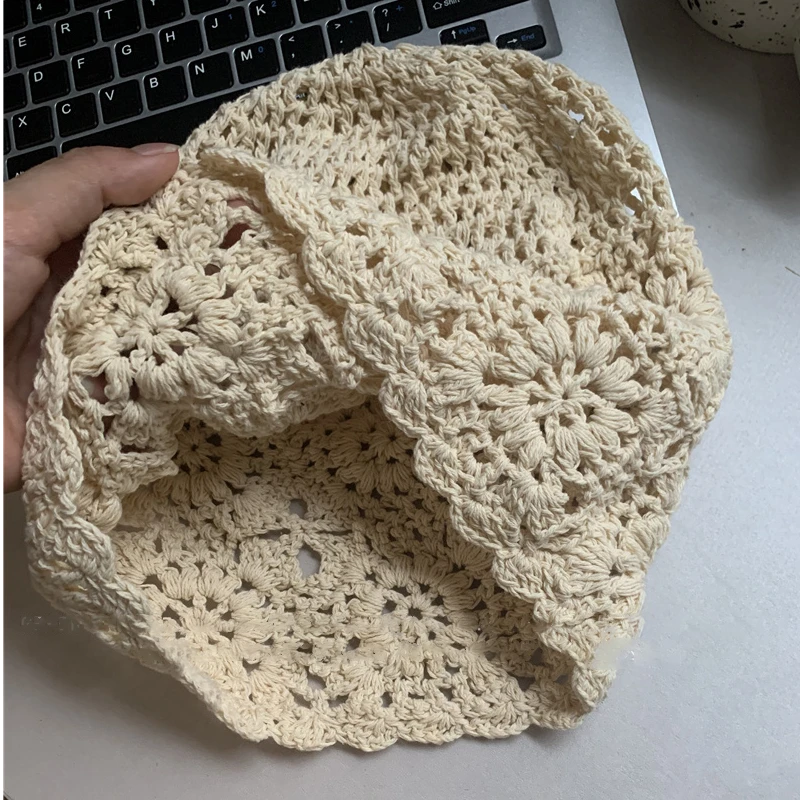 2024新款手工钩针包头帽子女薄款镂空毛线帽复古文艺针织帽堆堆帽