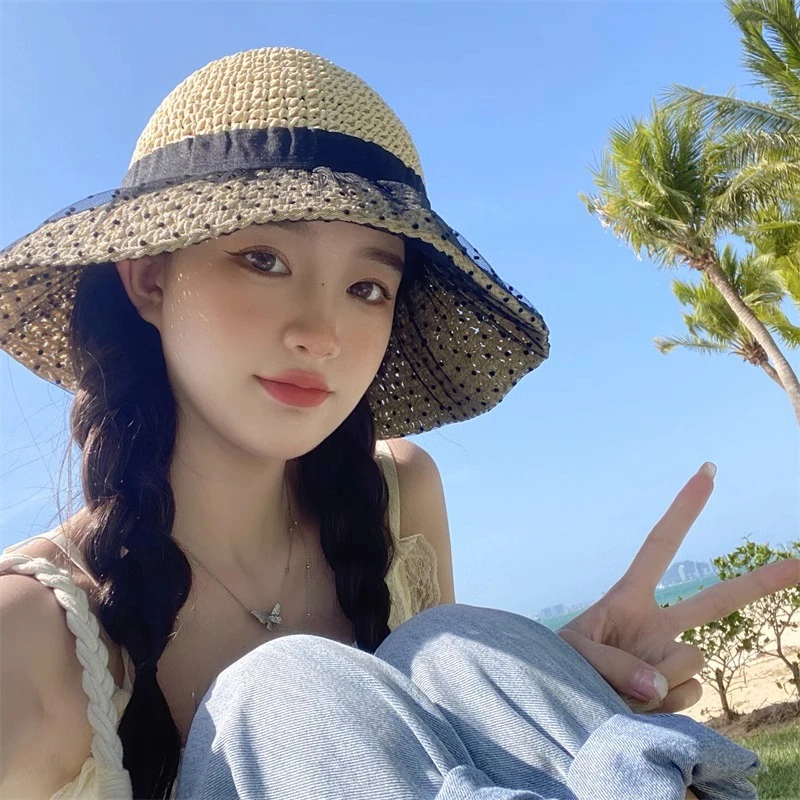 百搭日系波点网纱遮阳帽女士防晒夏季薄款沙滩草帽蕾丝韩版潮日系