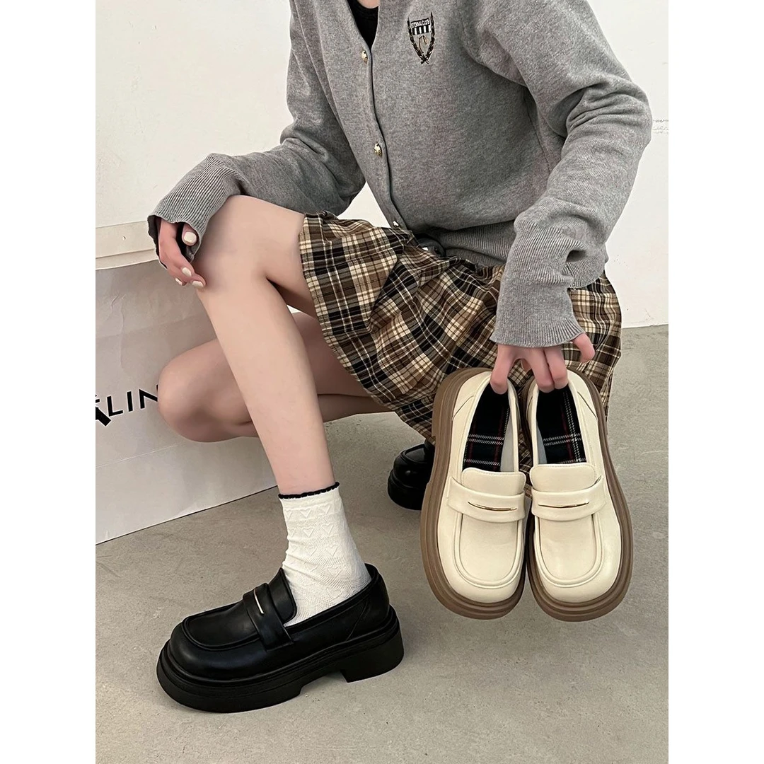 复古百搭圆头大头厚底小皮鞋女2023新款春夏英伦白色JK制服乐福鞋