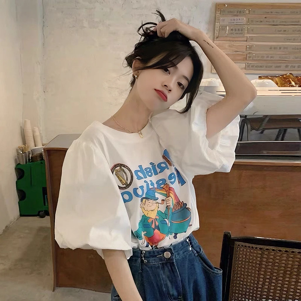 夏季新款白色印花短袖T恤女2024夏宽松韩风泡泡袖上衣设计感小众