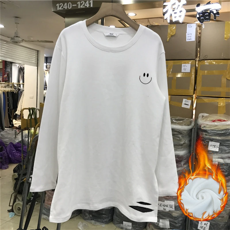 双面绒上衣加绒加厚打底衫女白色长袖t恤女中长款新款秋冬T恤女