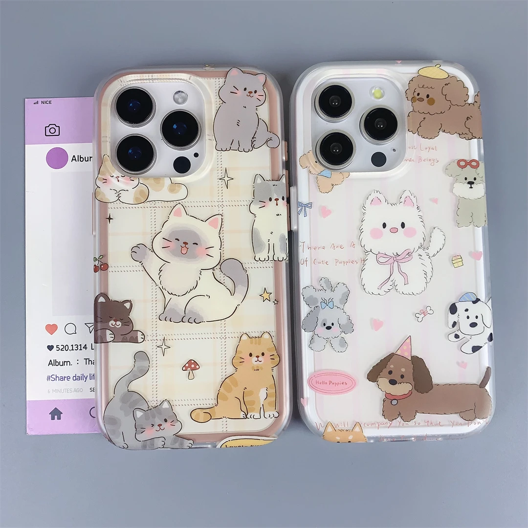 小众可爱格纹猫狗二合一磨砂适用iPhone14手机壳趣味16promax全包