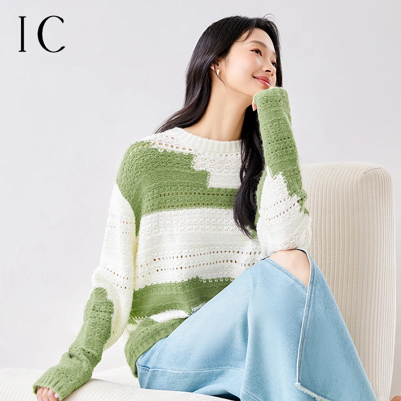 IC 舒适保暖休闲撞色设计原创针织衫2024新款宽松时尚通勤女上衣