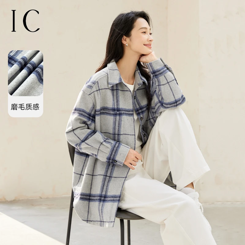 IC利落简约衬衫式格纹宽松外套女设计通勤休闲气质上衣 IC66W1639