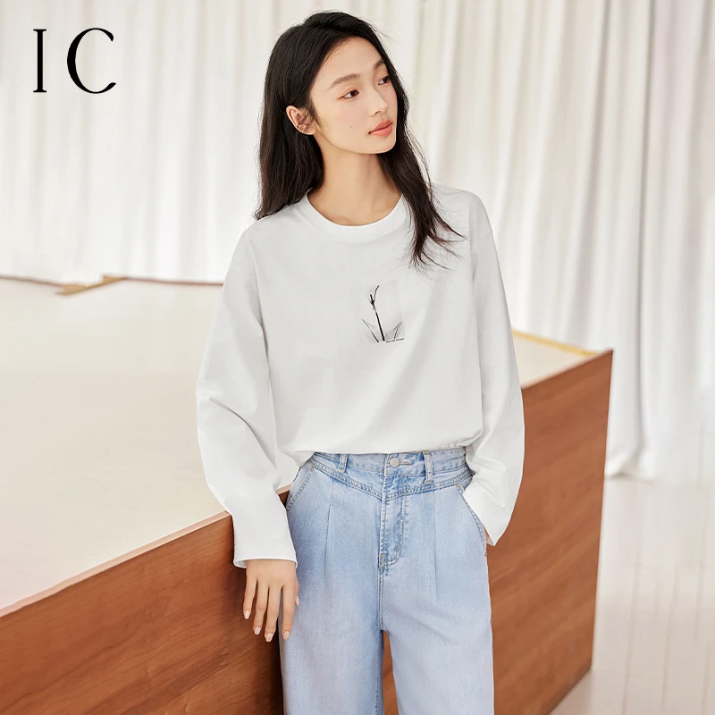 IC 简约印花百搭舒适休闲t恤女秋款气质宽松百搭上衣IC66A1424