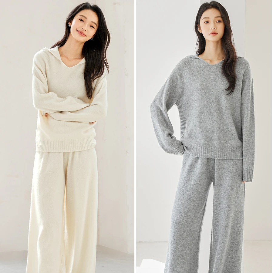 IC 休闲舒适通勤连帽羊毛衫阔腿裤套装简约运动套装女