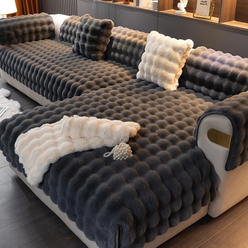兔毛绒沙发垫秋冬季加厚皮沙发防滑坐垫冬季泡泡绒沙发巾外贸贴标
