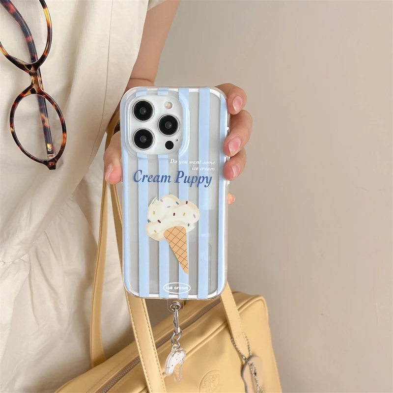 全包立体可爱韩系简约条纹冰淇淋挂件适用iphone15Promax/手机壳
