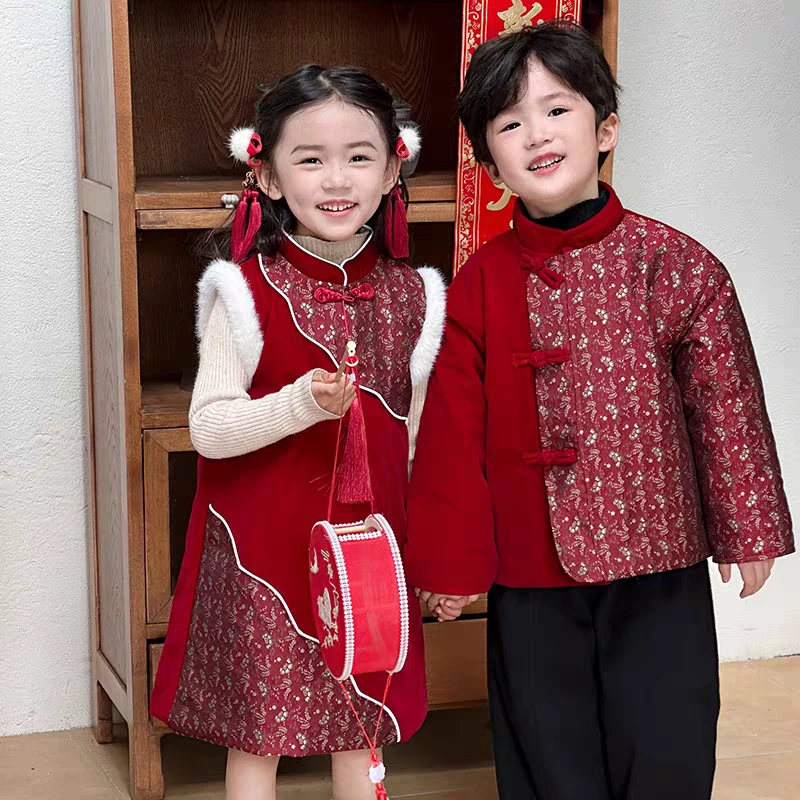 儿童拜年服国风女童旗袍拼接中国风新中式男女童外套