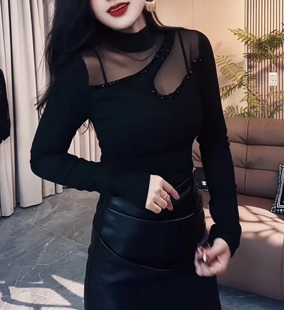 不规则网小高领长袖打底衫【实物微色差】