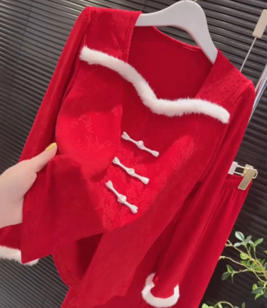 拼接毛毛国风盘扣长袖家居服套装【实物微色差】