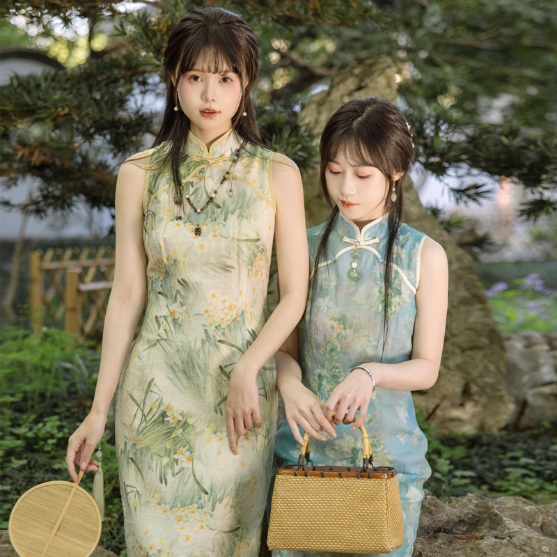 川黛时光：画春枝民国风三色印花无袖曳地旗袍女夏轻薄透气连衣裙