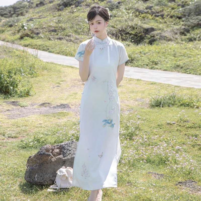 川黛时光：栩栩然民国风全开襟无省蝴蝶兰绣花旗袍女中长款连衣裙