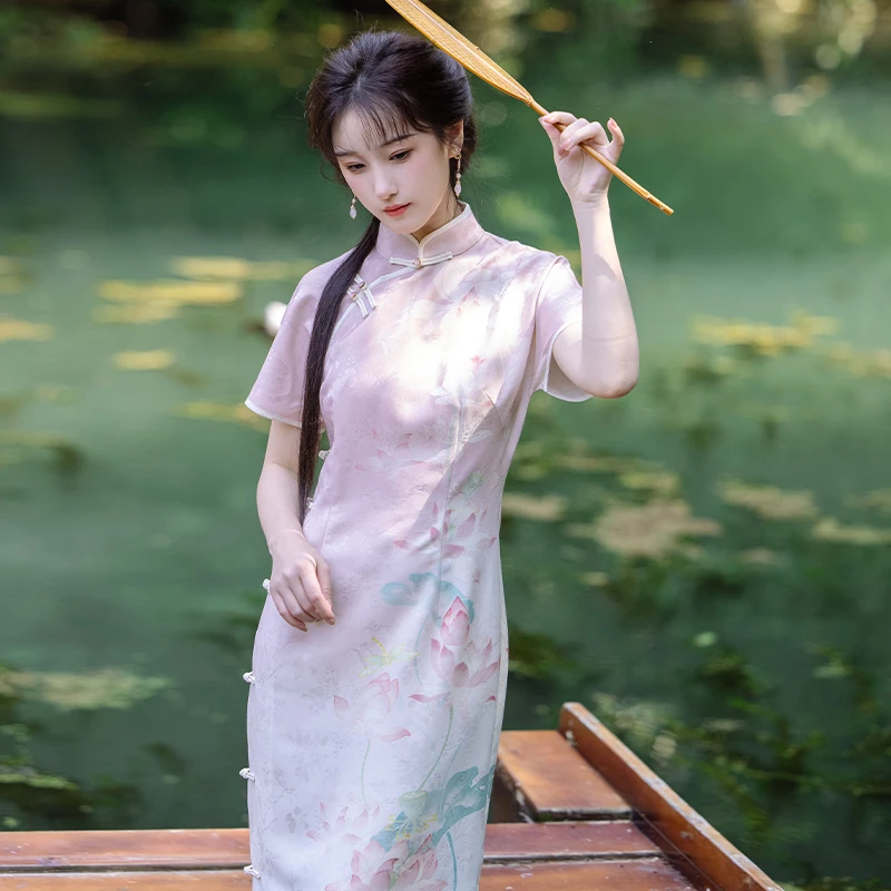 川黛时光：落香为信 民国风复古显瘦全开襟单层印花曳地旗袍女夏